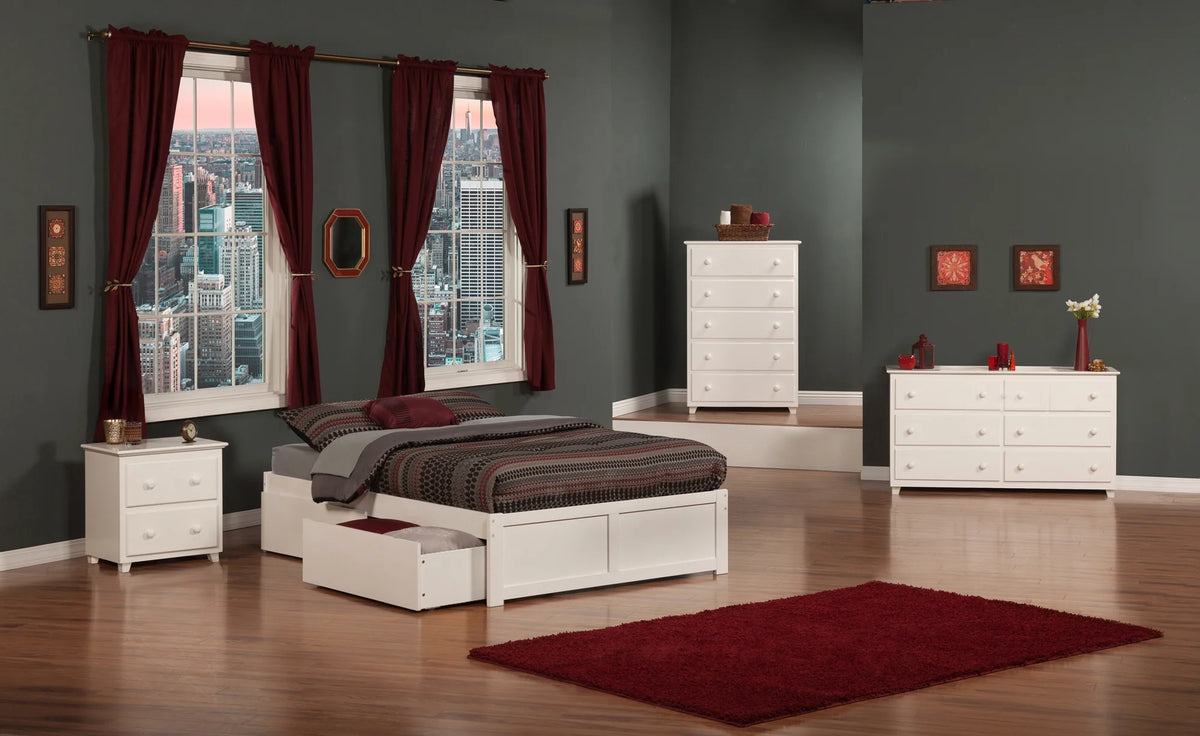White Solid Wood Platform Bed with Footboard and 2 Storage Drawers P64998