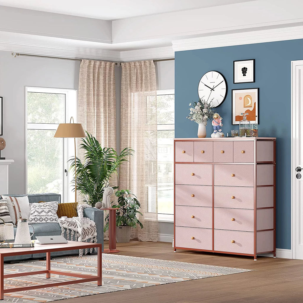 Pink 12 Drawer Dresser with Wood Top W1109