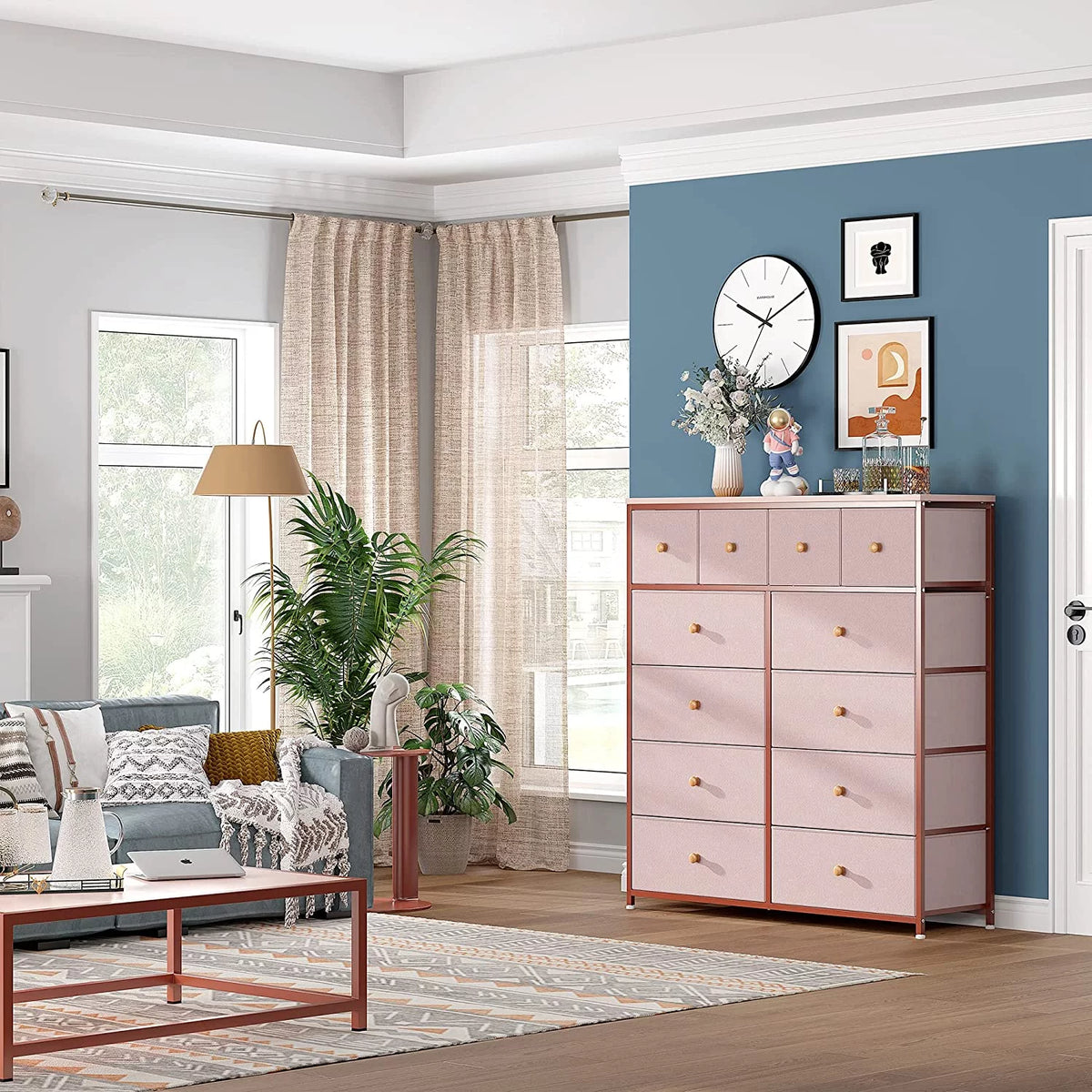 Pink 12 Drawer Dresser with Wood Top W1109