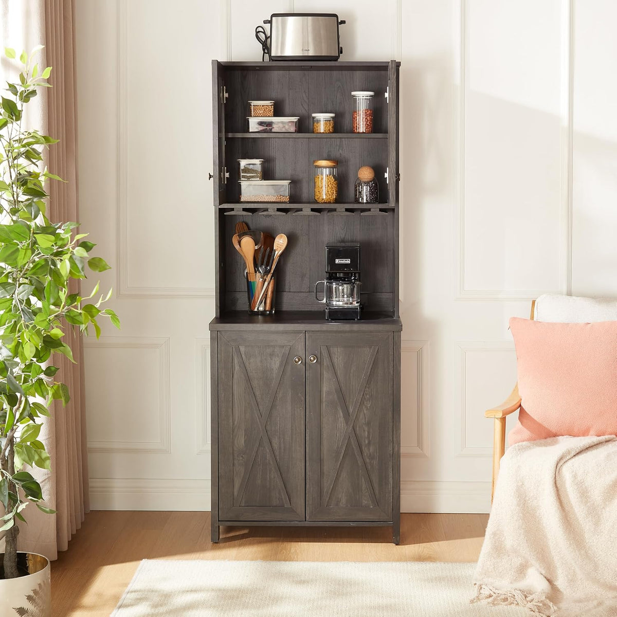 Charcoal Gray Coffee Bar Cabinet with Microwave Stand Q549182