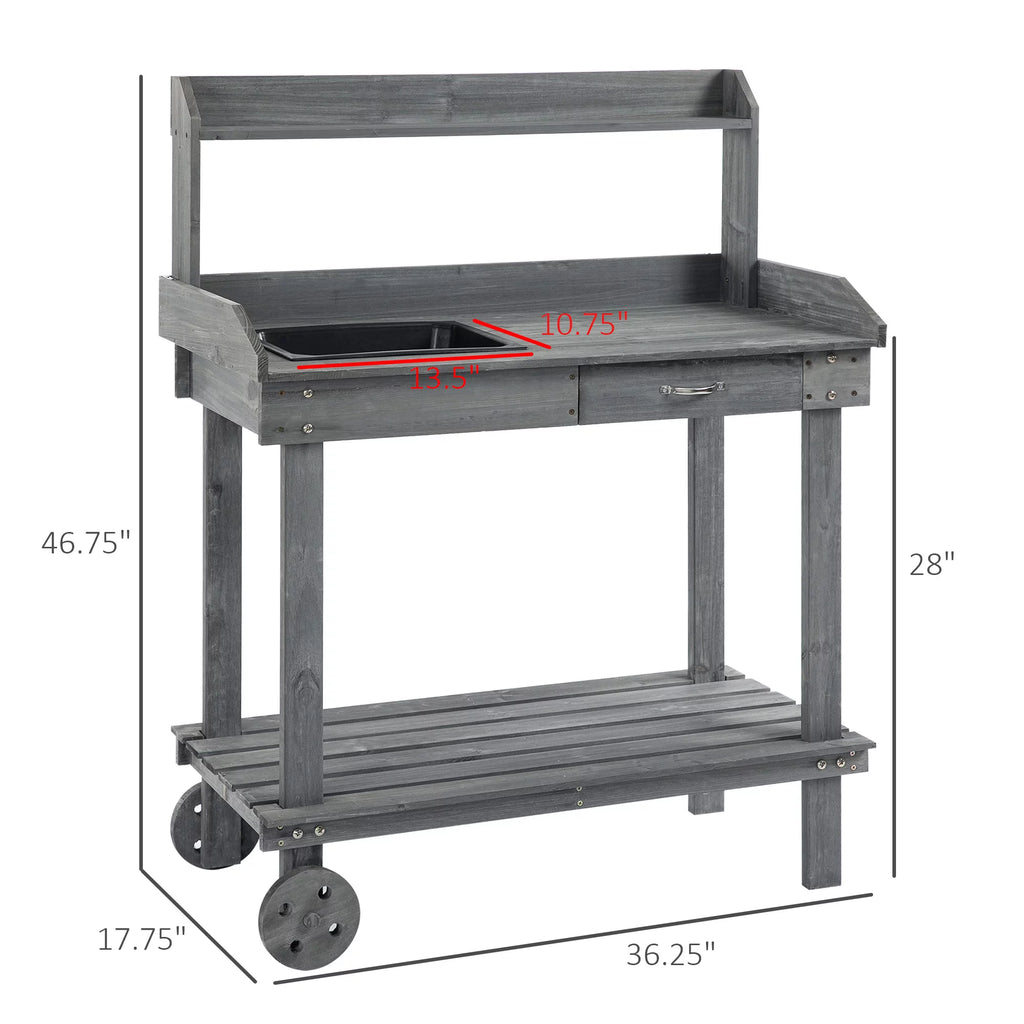 36" x 18" x 47" Wood Potting Bench Work Table with 2 Wheels, Grey N825313