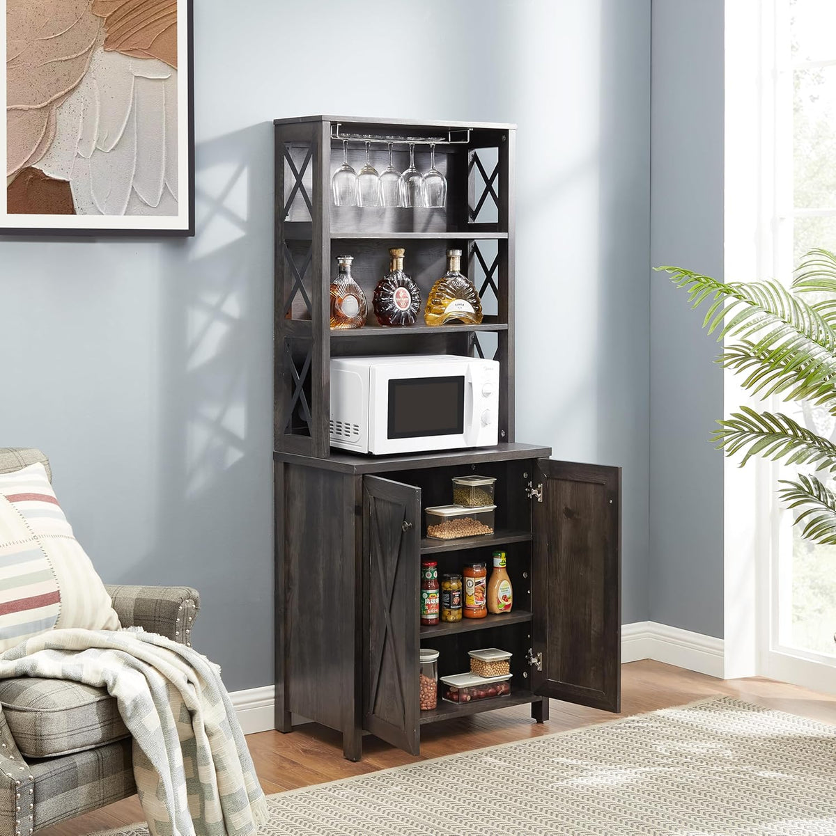 Charcoal Gray Coffee Bar Cabinet with Microwave Stand Q549182