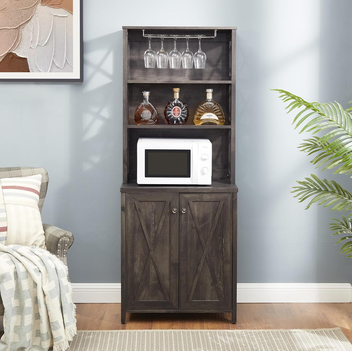 Charcoal Gray Coffee Bar Cabinet with Microwave Stand Q549182