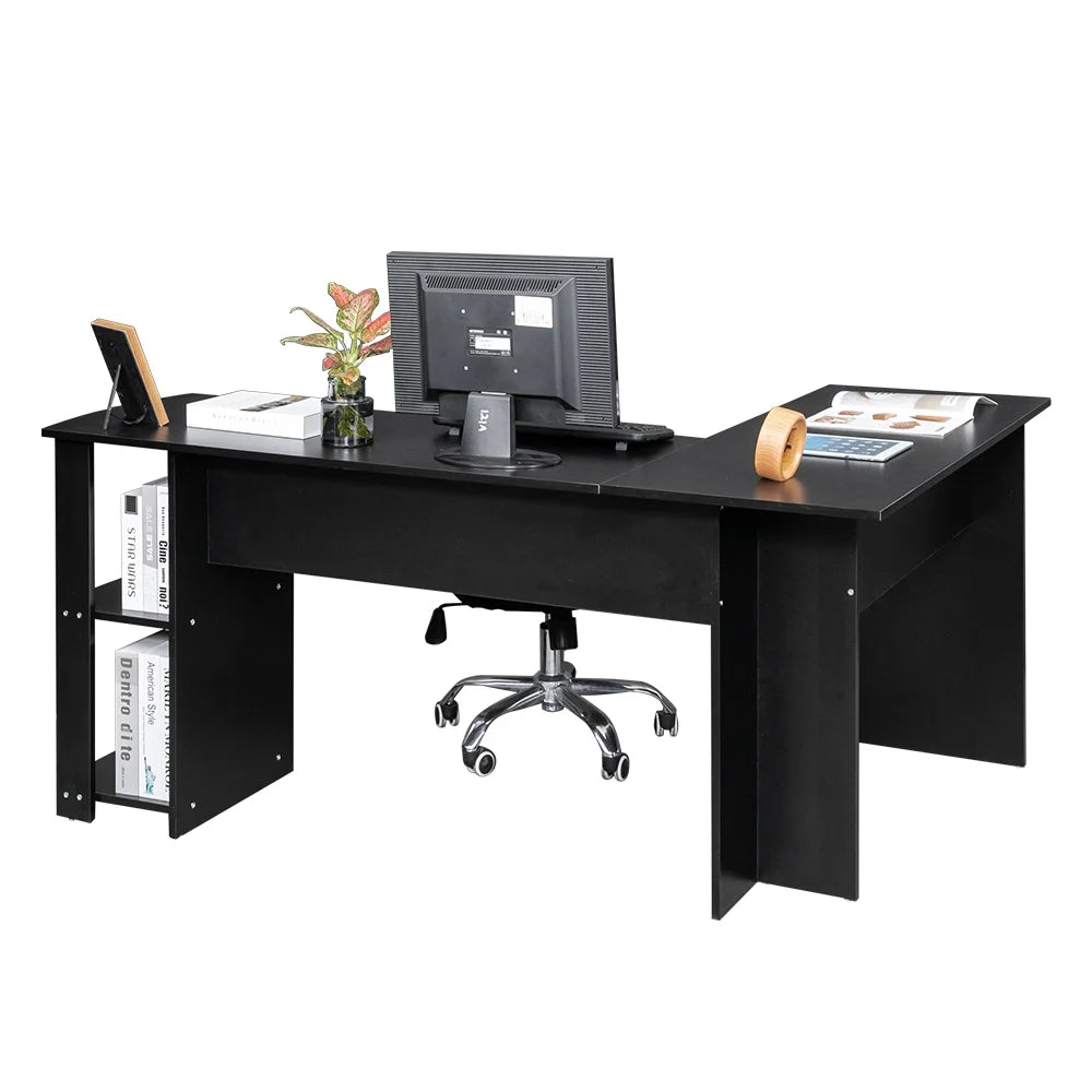 Black L-Shaped Corner Computer Desk with Bookshelves U450540