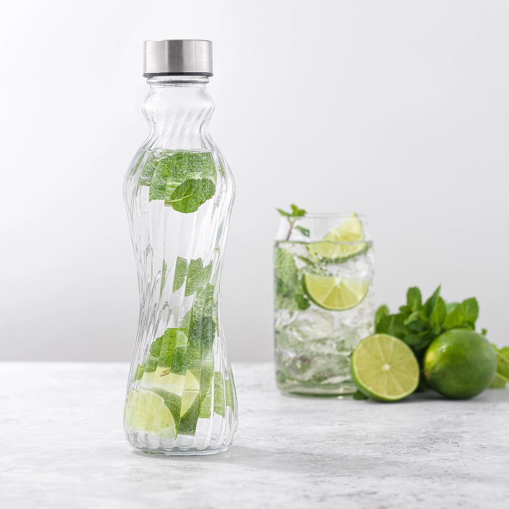 Fluted Glass Water Bottles with Stainless Steel Lids 18oz Set of 6 I544917