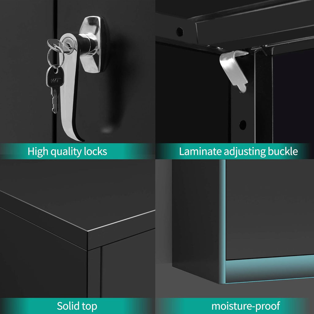 Black Metal Storage Cabinet with 4 Adjustable Shelves and Lockable Doors F452