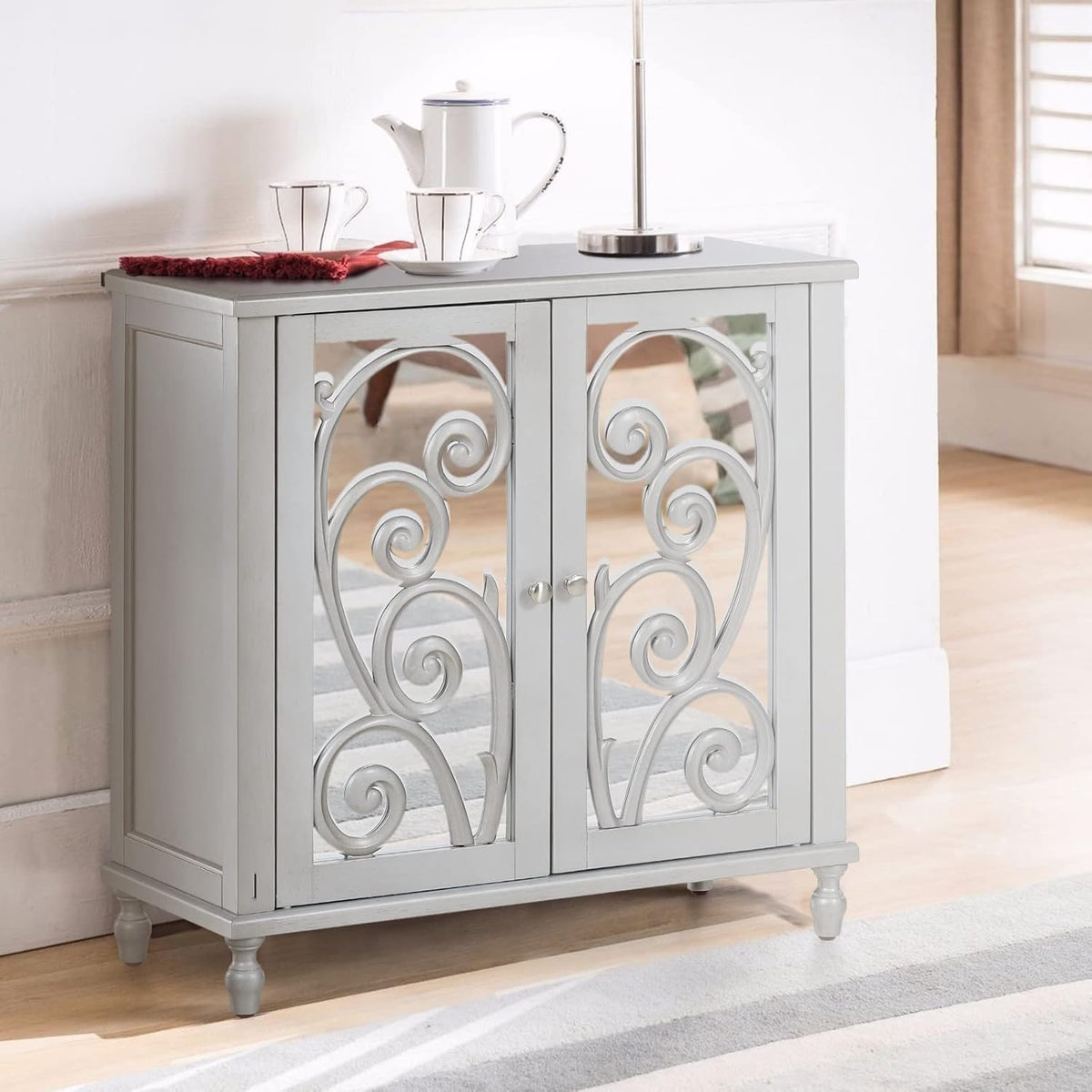 Wood Sideboard Cabinet with Glass Double Doors and Adjustable Shelves R184