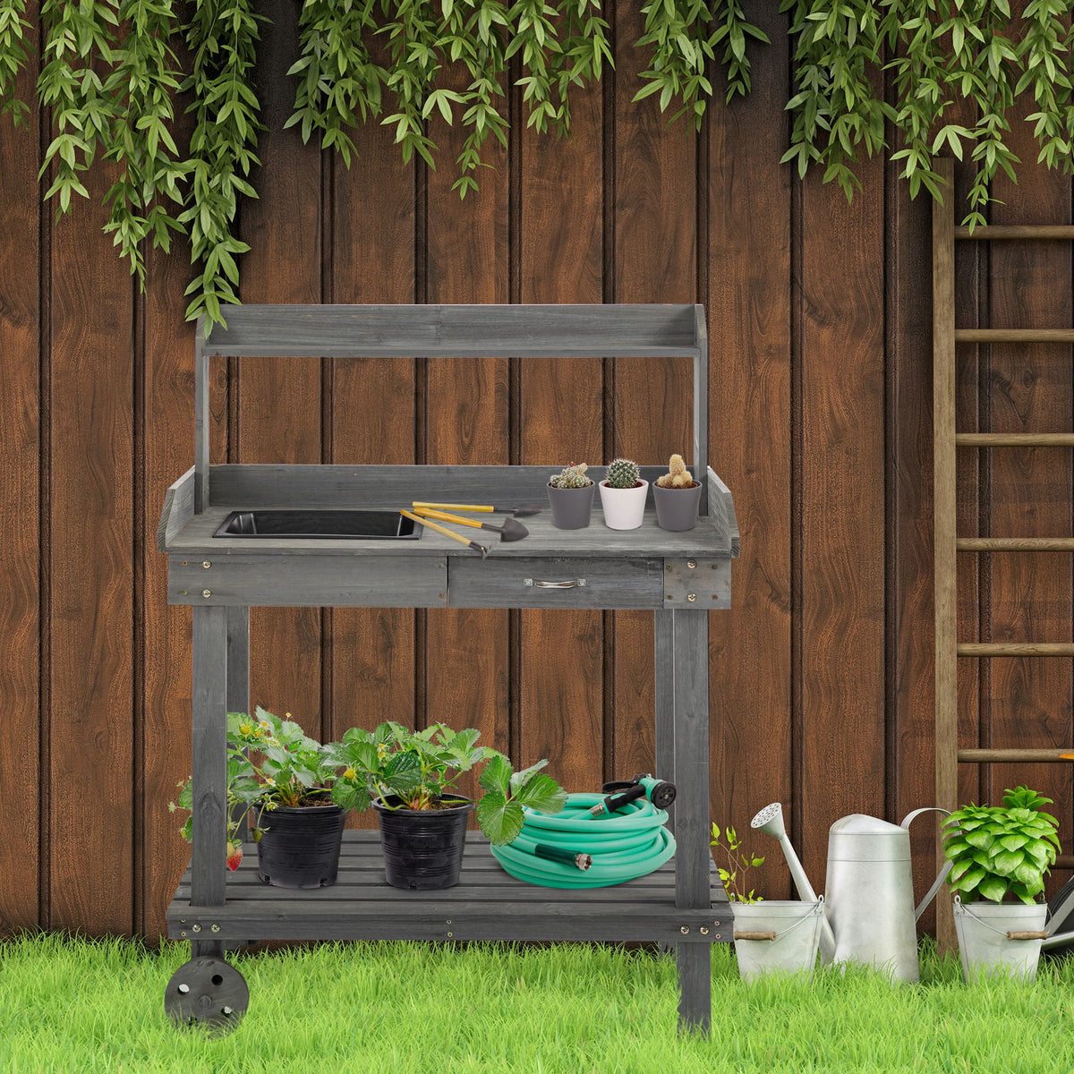 36" x 18" x 47" Wood Potting Bench Work Table with 2 Wheels, Grey N825313