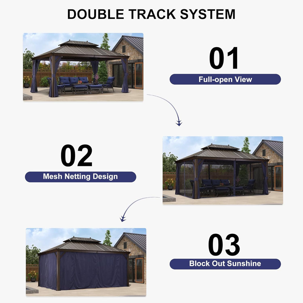 12' X 16' Permanent Hardtop Gazebo with Netting and Curtains Metal Roof Outdoor Pavilion with 24 LED Hanging String Lights C910264