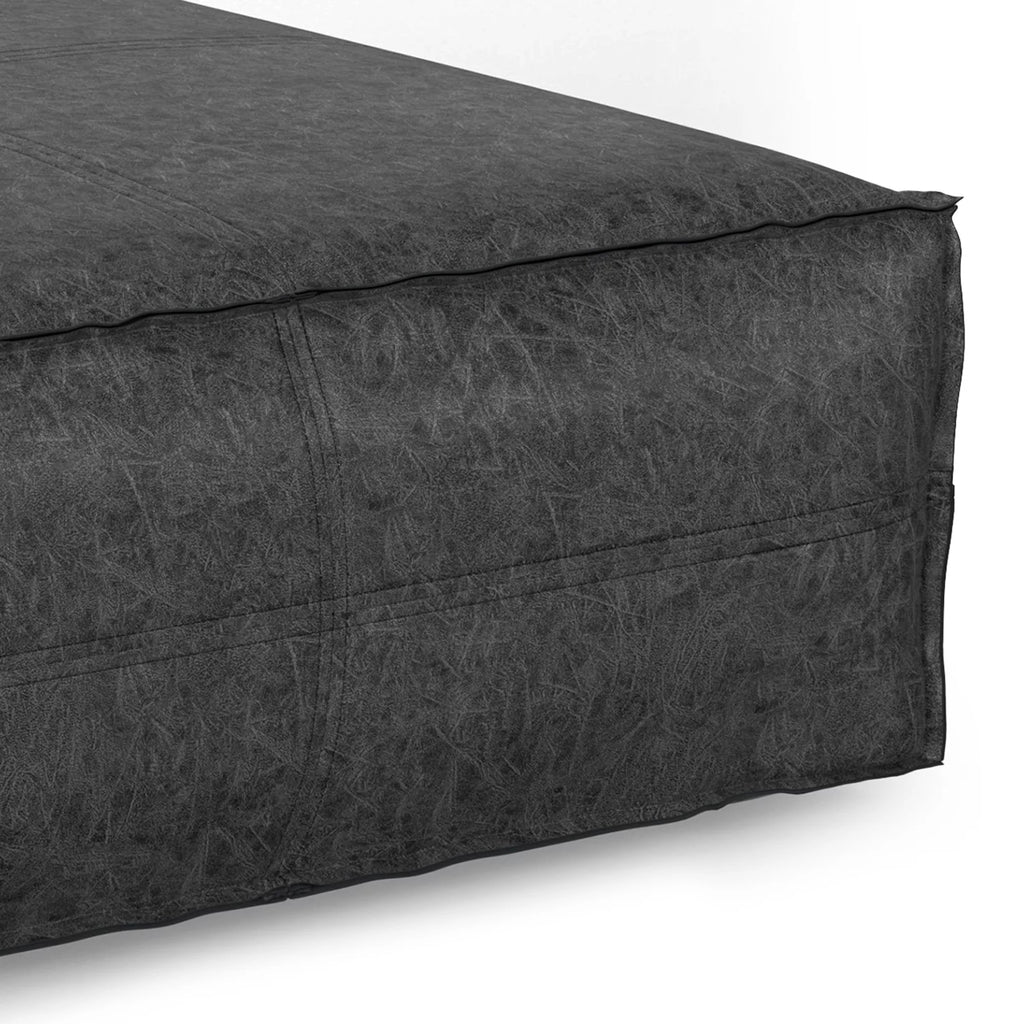 Distressed Black Vegan Faux Leather Pouf N209431