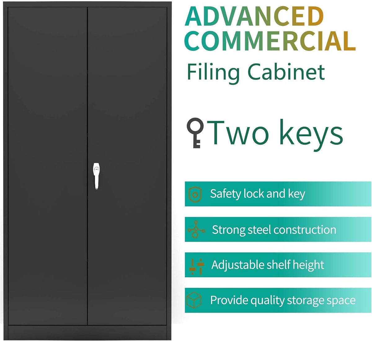 Black Metal Storage Cabinet with 4 Adjustable Shelves and Lockable Doors F452