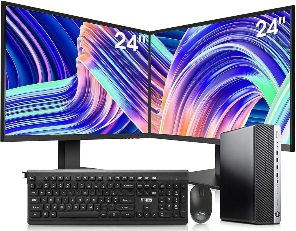 Desktop PC Intel i7-6700 32GB DDR4 1TB NVMe SSD 2TB HDD Dual 24-Inch Monitors Wireless Keyboard and Mouse Win 10 Pro Black Silver V379