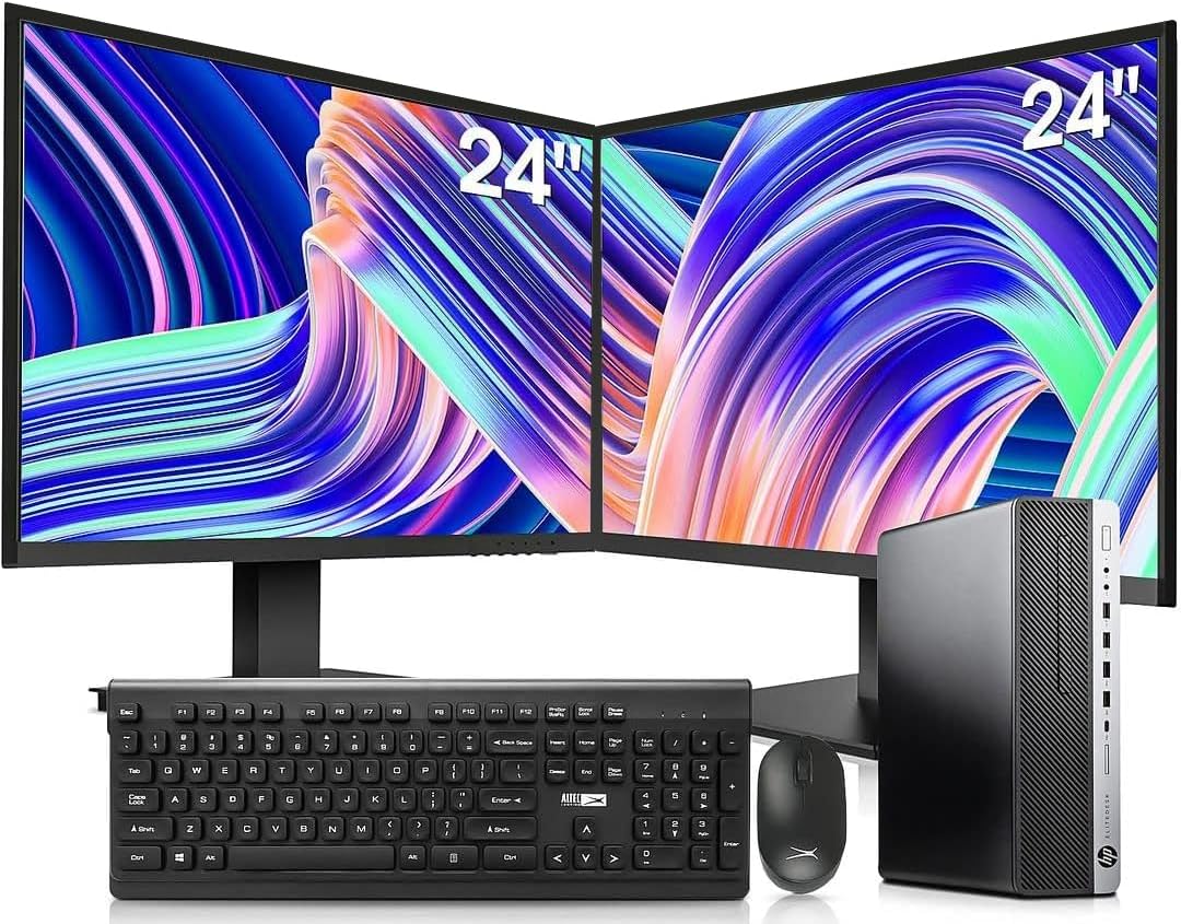 Desktop PC Intel i7-6700 32GB DDR4 1TB NVMe SSD 2TB HDD Dual 24-Inch Monitors Wireless Keyboard and Mouse Win 10 Pro Black Silver V379