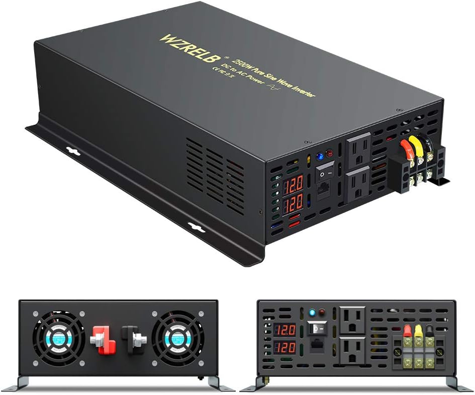 2500W 12VDC 120VAC Pure Sine Wave Power Inverter with 2 AC Outlets Wired Remote Control W165