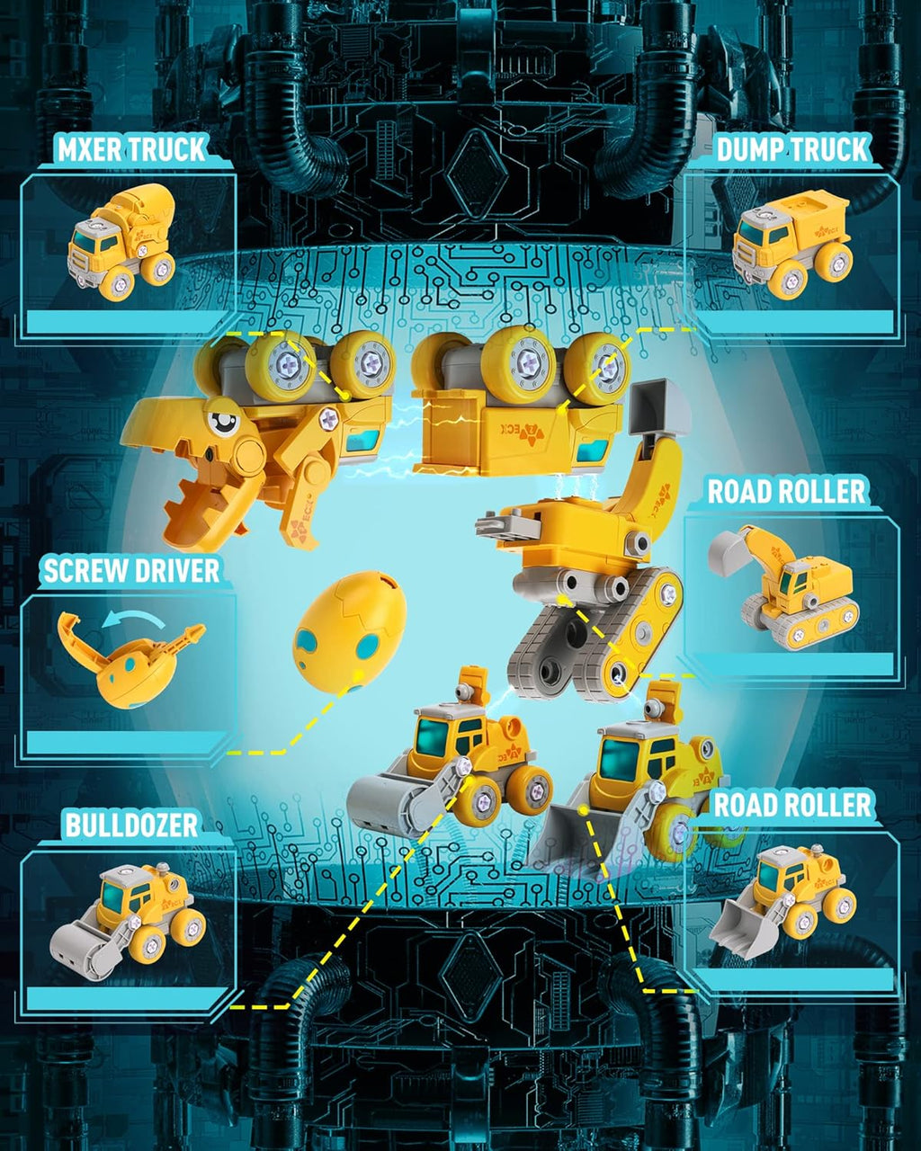5-in-1 86 Piece Dinosaur Take Apart Toys Excavator Toy with Lights and Sounds L382702