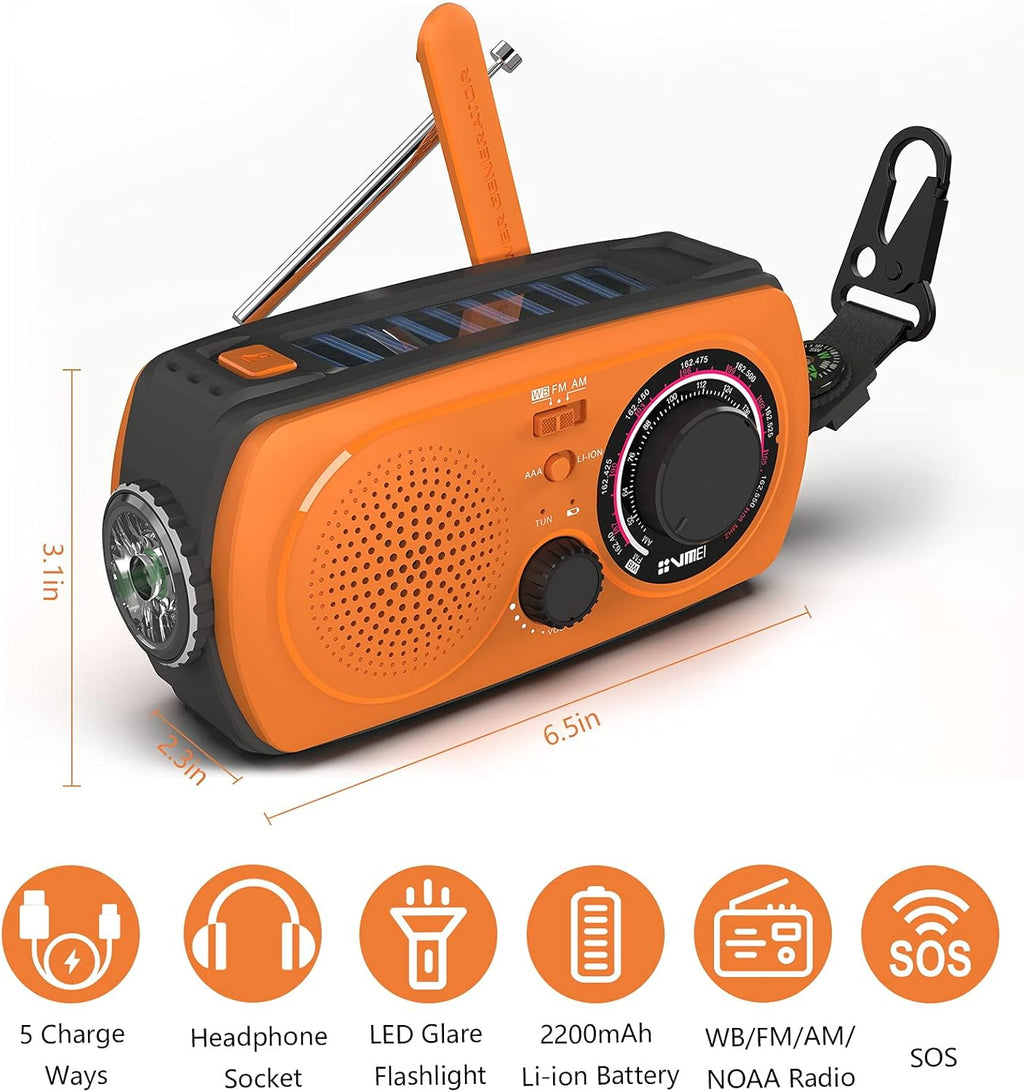 2200mAh Portable Hand Crank Solar Emergency Weather Radio, NOAA/AM/FM, Power Bank, Flashlight, Orange, Pack of 2 S996