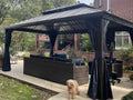 12' X 16' Permanent Hardtop Gazebo with Netting and Curtains Metal Roof Outdoor Pavilion with 24 LED Hanging String Lights C910264