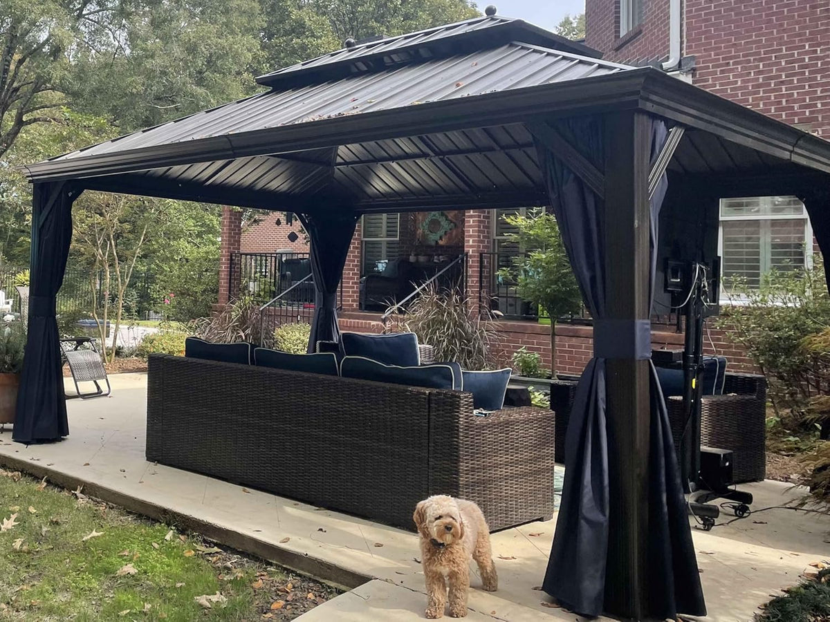 12' X 16' Permanent Hardtop Gazebo with Netting and Curtains Metal Roof Outdoor Pavilion with 24 LED Hanging String Lights C910264