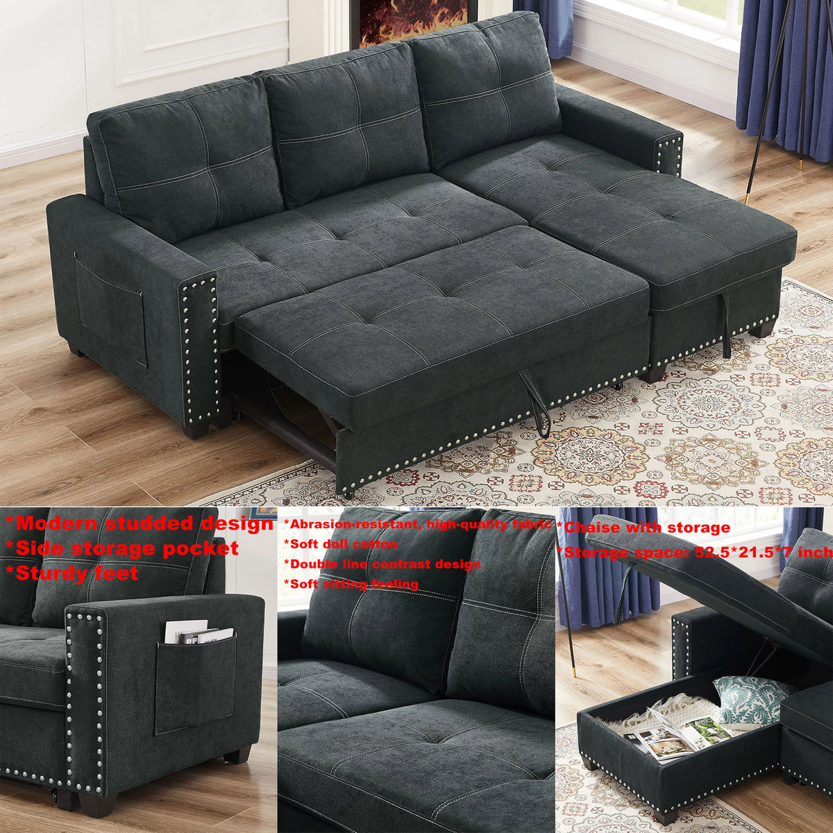 Black Queen Size Sleeper Sofa Bed with Storage Chaise H619