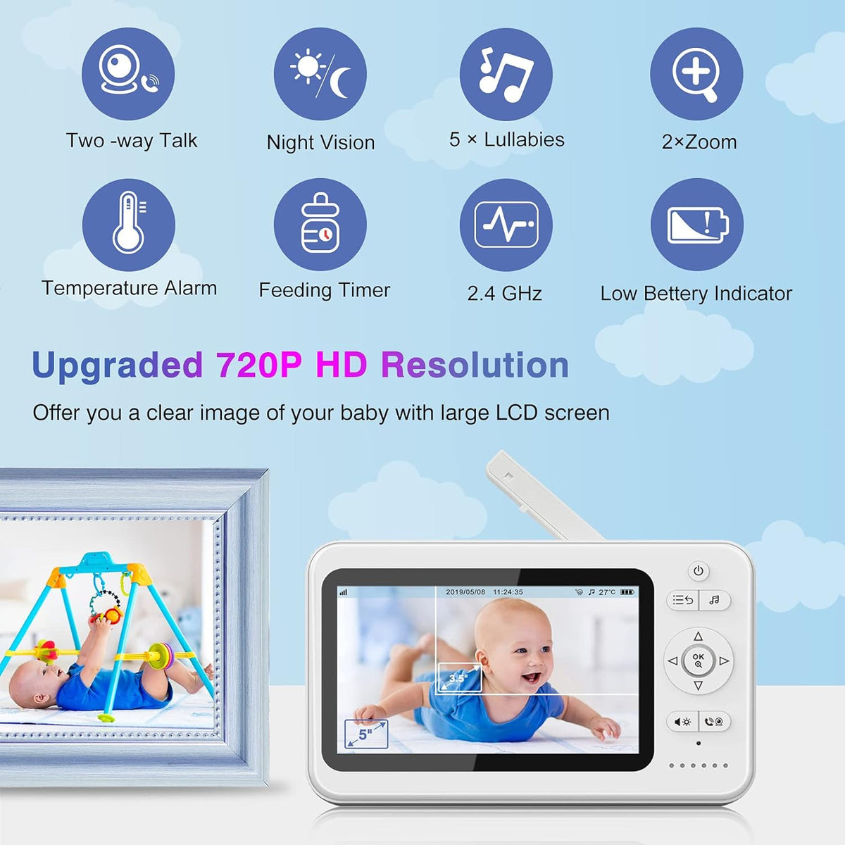 5 720P Baby Monitor with Camera and Audio Night Vision K362221