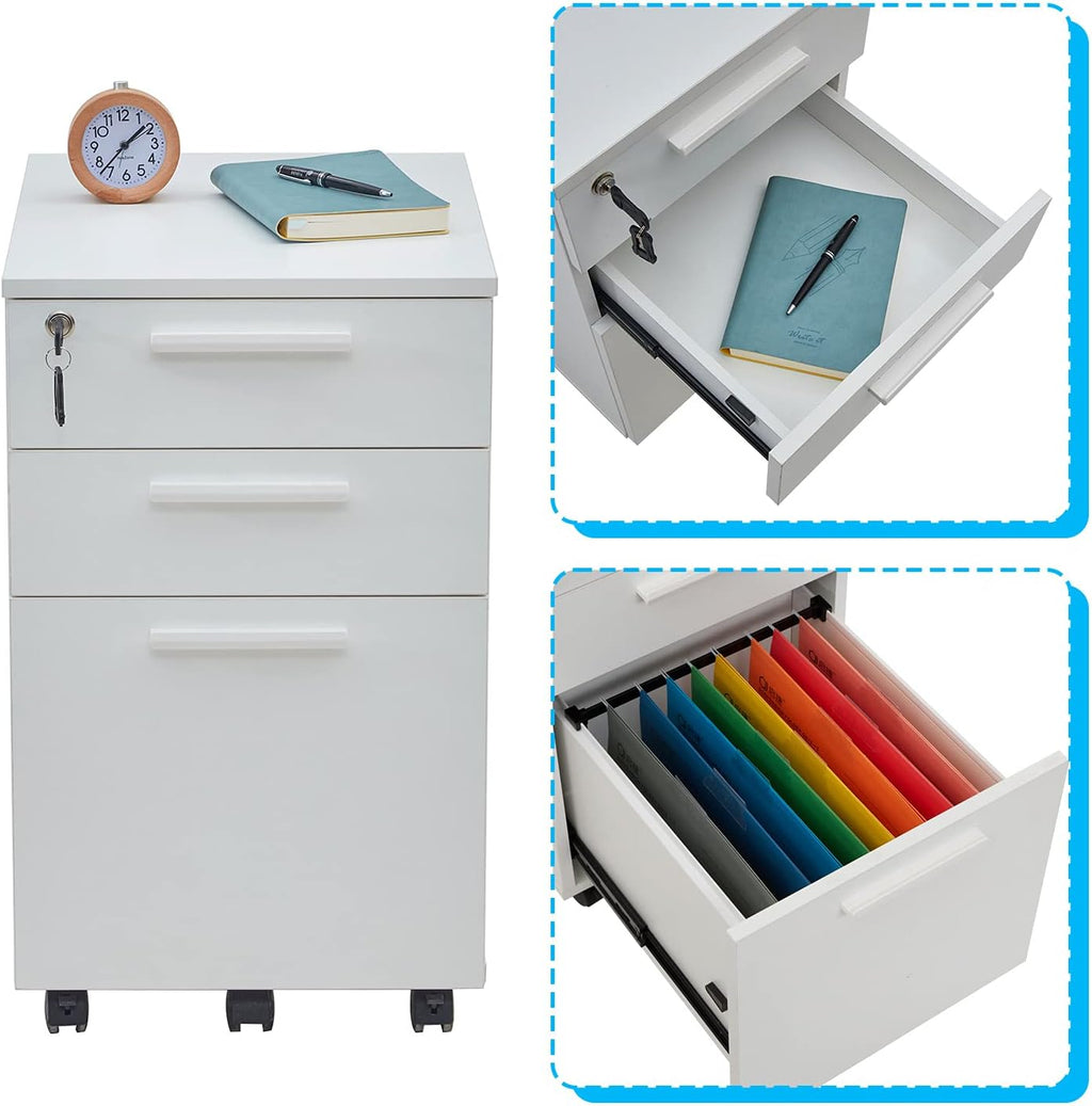 White 3-Drawer Filing Cabinet with Lock Q169