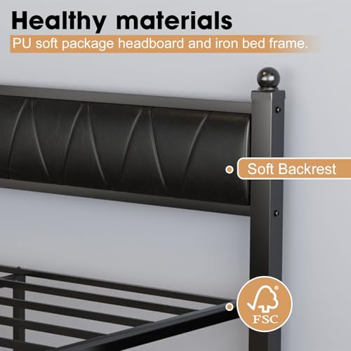 Queen Size Black Metal Bed Frame with Vintage Industrial Headboard Q17973