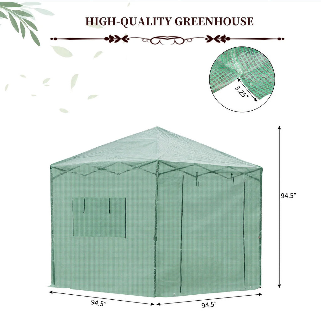 8x8 Ft Pop-up Walk-in Greenhouse with Roll-up Zip Door and 2 Windows W391494