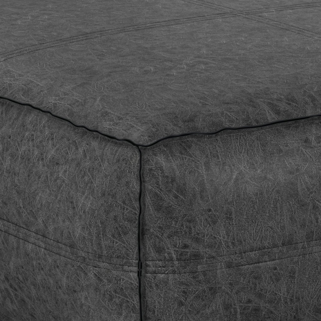 Distressed Black Vegan Faux Leather Pouf N209431