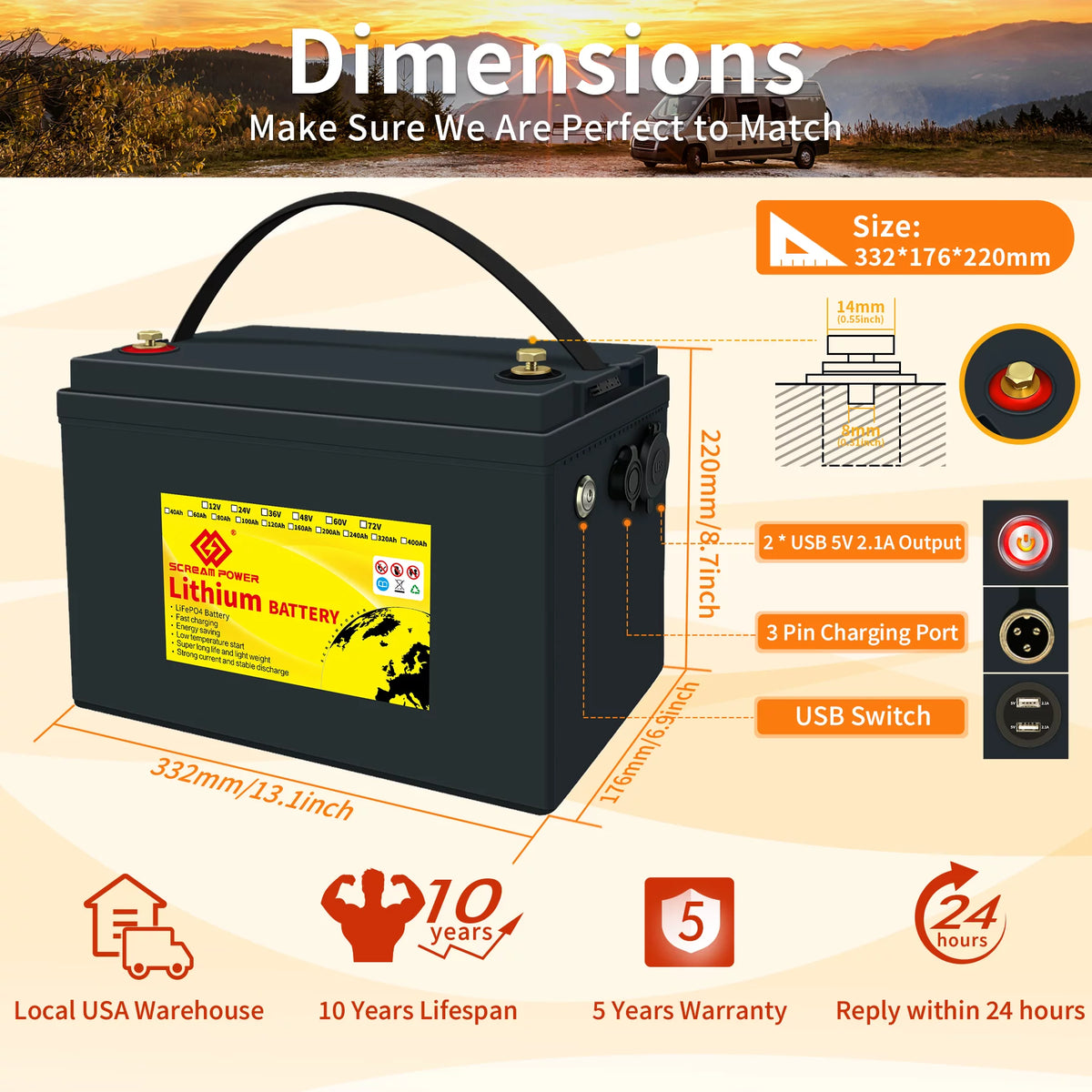 24V 60Ah LiFePO4 Battery with 100A BMS W808413
