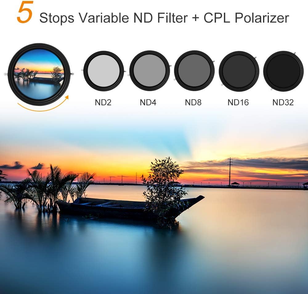62mm Variable Fader ND2-ND32 ND Filter and CPL Circular Polarizing Filter 2 in 1 Pack of 2 D14120