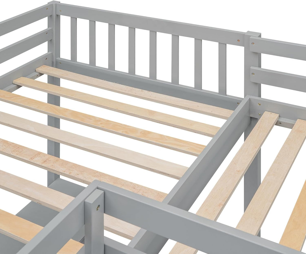 Gray Wooden L-Shaped Double Twin Size Loft Bed Frame with 2 Built-in Desks and Ladder M707909