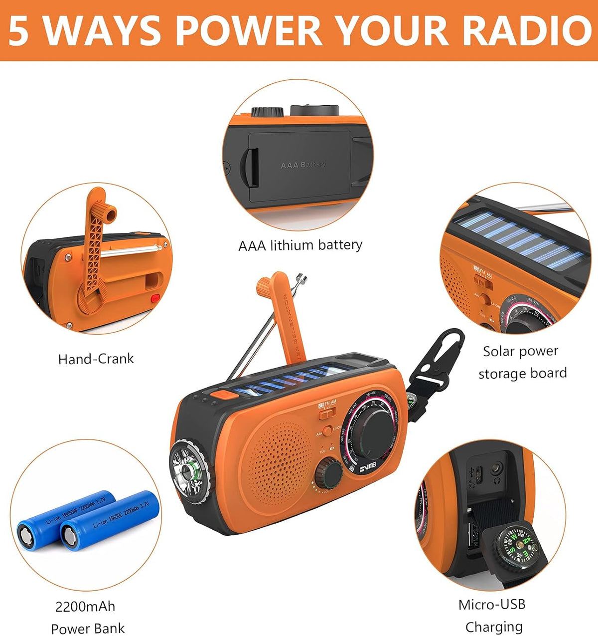2200mAh Portable Hand Crank Solar Emergency Weather Radio, NOAA/AM/FM, Power Bank, Flashlight, Orange, Pack of 2 S996