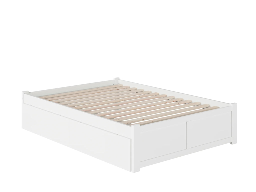 White Solid Wood Platform Bed with Footboard and 2 Storage Drawers P64998