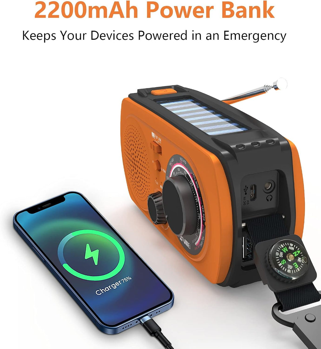 2200mAh Portable Hand Crank Solar Emergency Weather Radio, NOAA/AM/FM, Power Bank, Flashlight, Orange, Pack of 2 S996