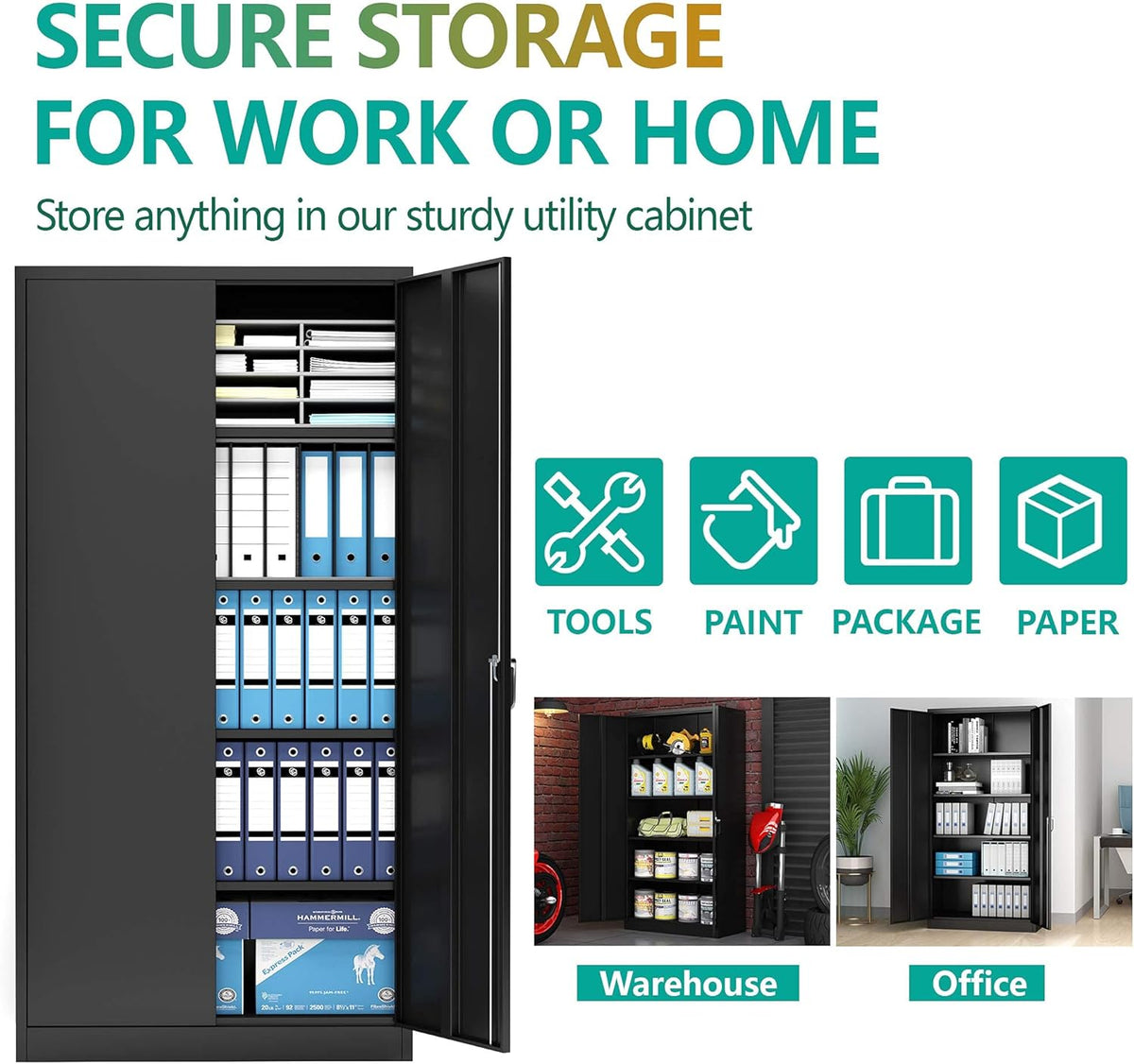 Black Metal Storage Cabinet with 4 Adjustable Shelves and Lockable Doors F452
