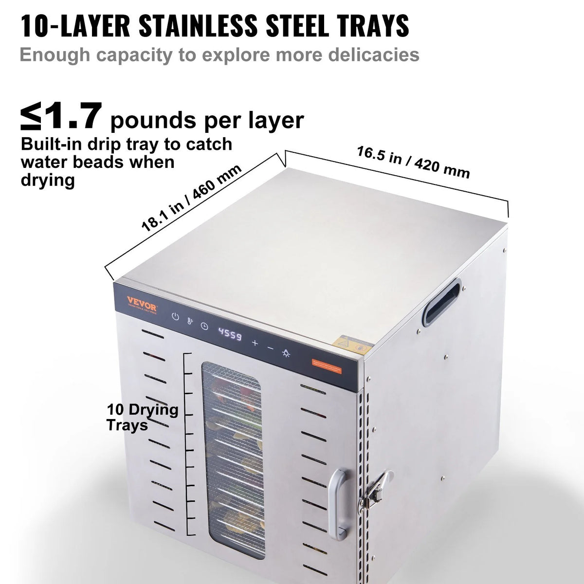 Food Dehydrator Machine, 10 Stainless Steel Trays, 1000W Electric Food Dryer F821788