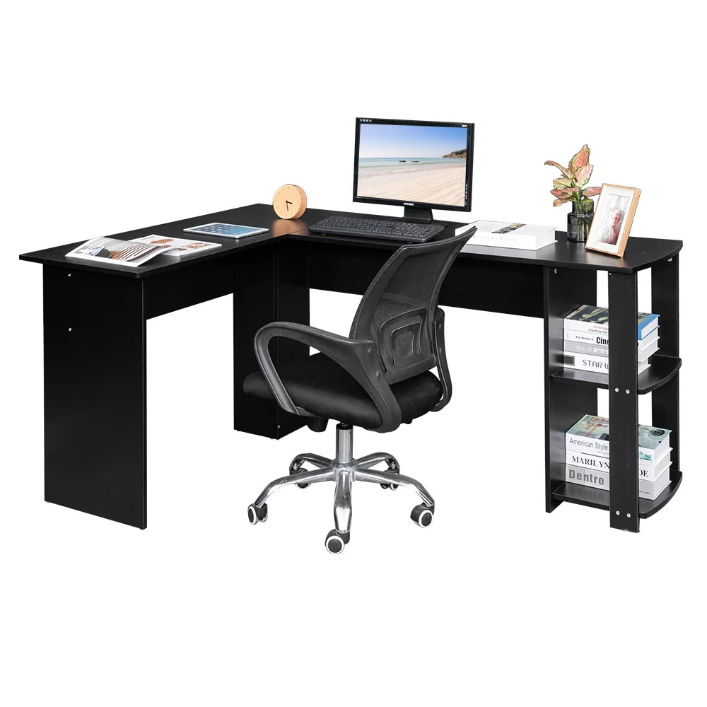 Black L-Shaped Corner Computer Desk with Bookshelves U450540