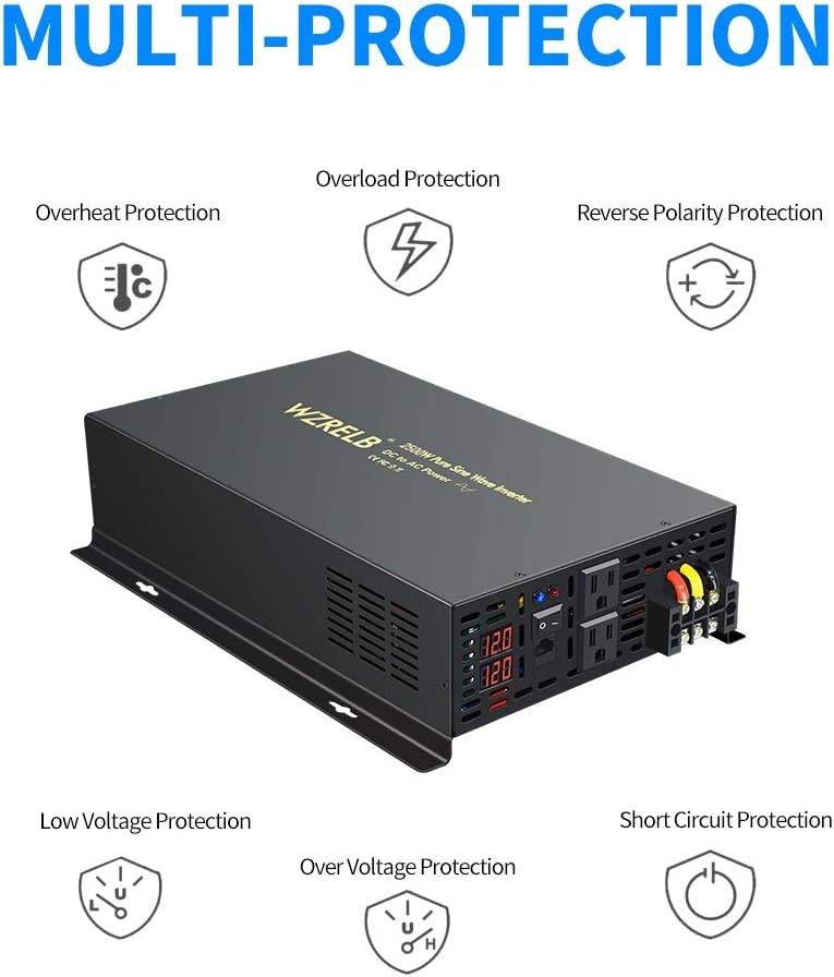 2500W 12VDC 120VAC Pure Sine Wave Power Inverter with 2 AC Outlets Wired Remote Control W165