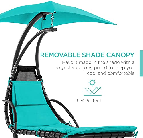 Teal Curved Steel Chaise Lounge Chair Swing with Built-in Pillow and Removable Canopy M25178