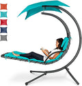 Teal Curved Steel Chaise Lounge Chair Swing with Built-in Pillow and Removable Canopy M25178