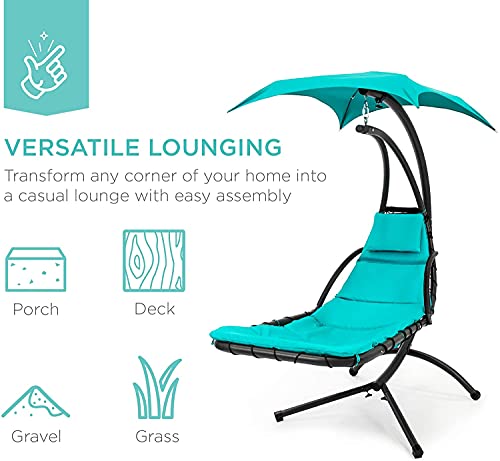 Teal Curved Steel Chaise Lounge Chair Swing with Built-in Pillow and Removable Canopy M25178