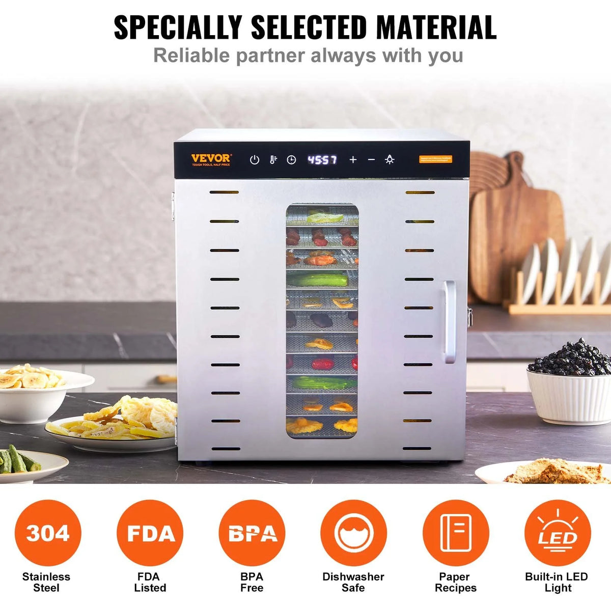 Food Dehydrator Machine, 10 Stainless Steel Trays, 1000W Electric Food Dryer F821788