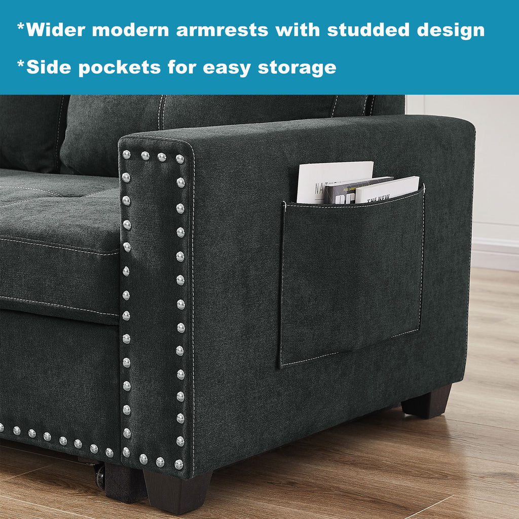 Black Queen Size Sleeper Sofa Bed with Storage Chaise H619
