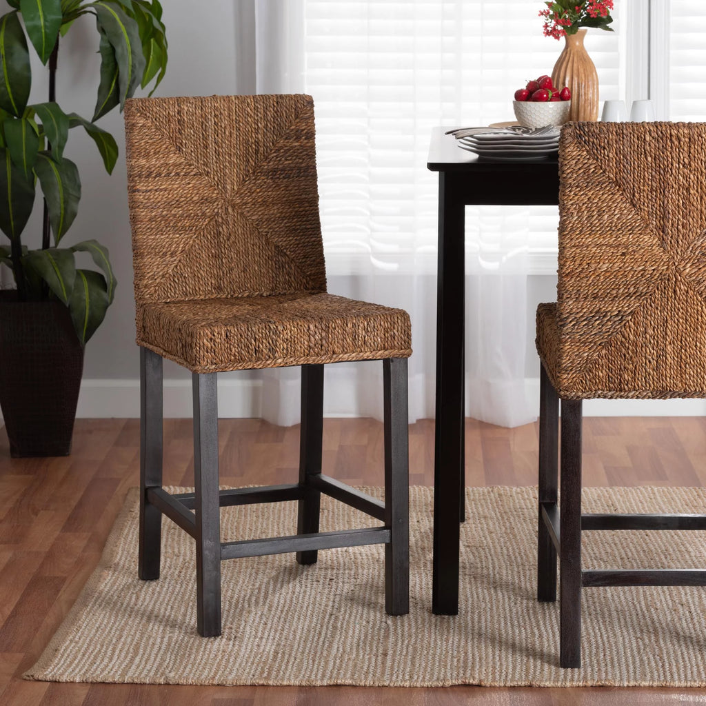Dark Brown Mahogany Wood and Seagrass Counter Stool K4565