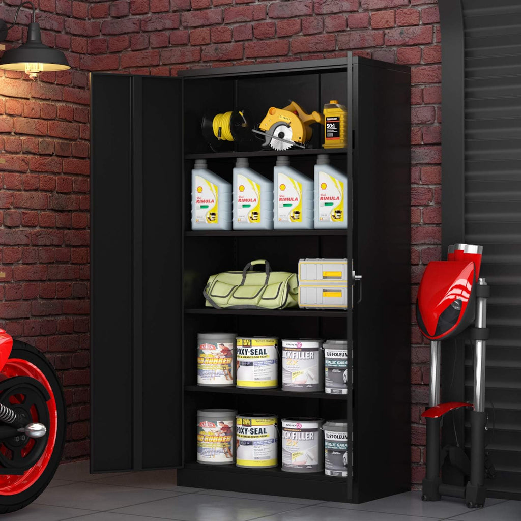 Black Metal Storage Cabinet with 4 Adjustable Shelves and Lockable Doors F452