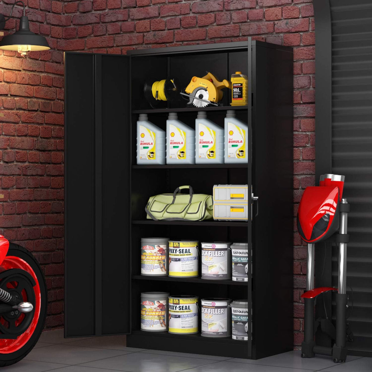 Black Metal Storage Cabinet with 4 Adjustable Shelves and Lockable Doors F452