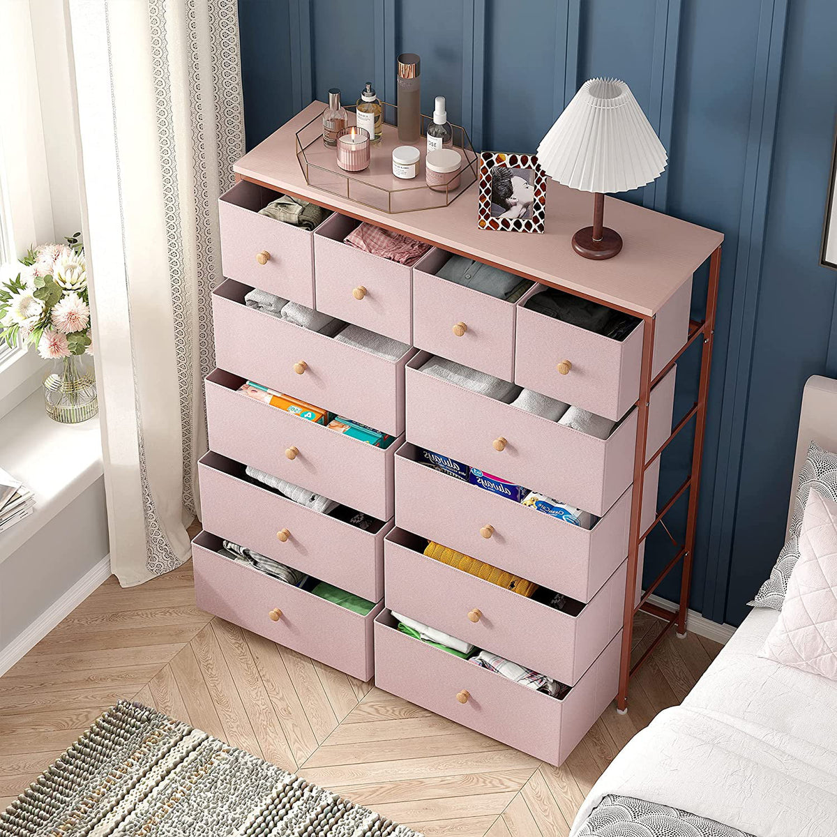 Pink 12 Drawer Dresser with Wood Top W1109