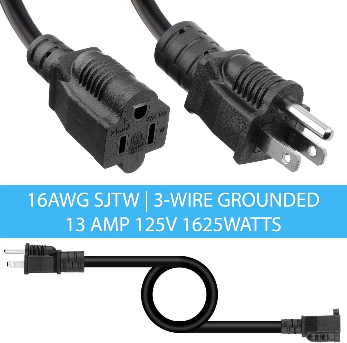 15 Feet 16AWG 13A 3 Prong Extension Cord 2 Pack Q972