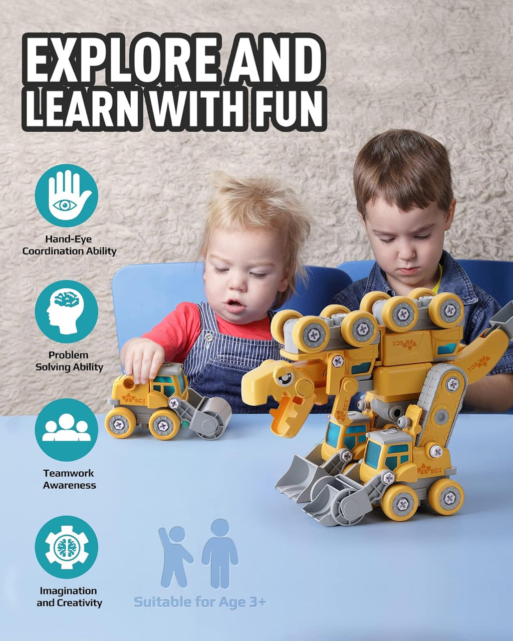 5-in-1 86 Piece Dinosaur Take Apart Toys Excavator Toy with Lights and Sounds L382702