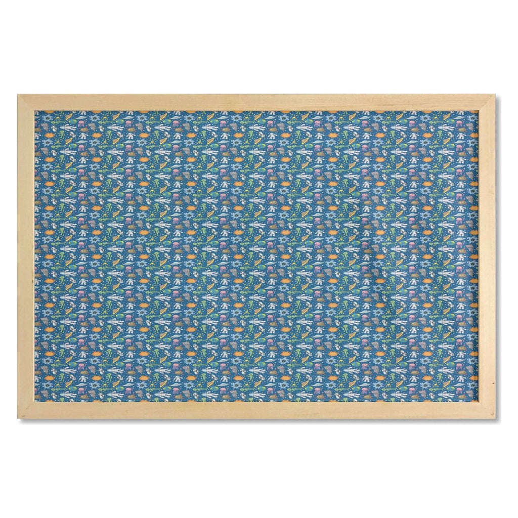 Ufo Aliens and Human Astronaut Making Friends Caricature Galaxy Pattern Printed Fabric Poster with Frame, 35" x 23", Multicolor X29463